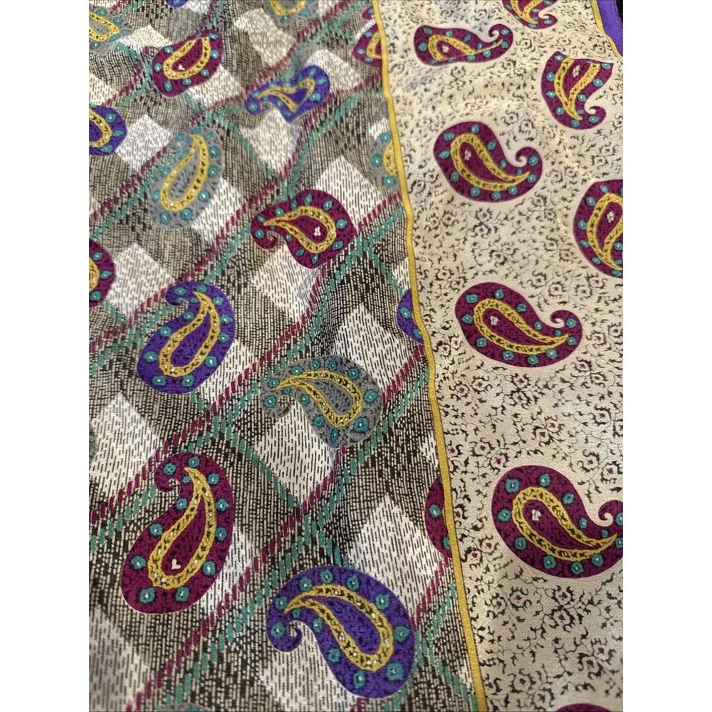 OSCAR DE LA RENTA Vintage SILK SCARF Pure Silk Paisley Purple Border 29x29 Japan